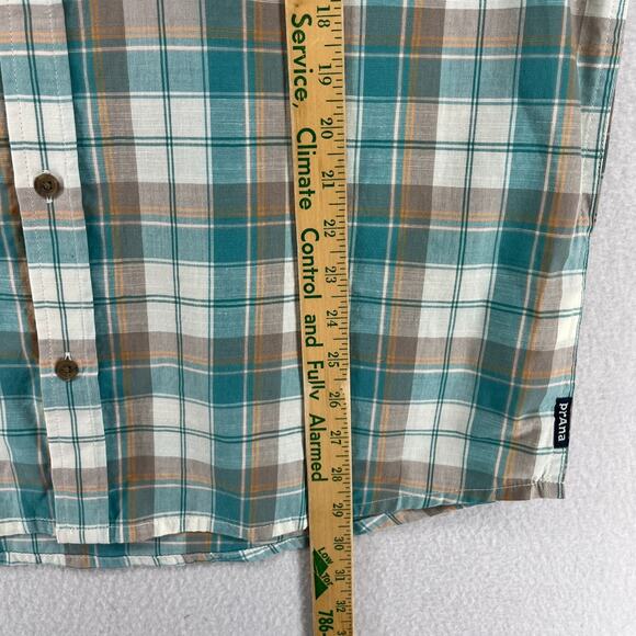PRANA Shirt Mens L Benton Plaid Button Up Camp Organic Cotton Blend Blue NEW - Picture 14 of 15